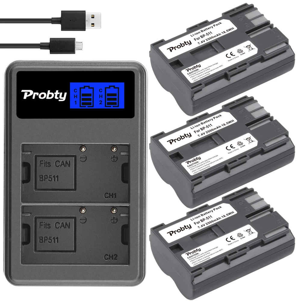 7.4V 2500mah BP-511A BP-511 BP 511 511A BP511 BP511A bateria + ładowarka USB z wyświetlaczem LCD dla Canon EOS 40D 300D 5D 20D 30D 50D kamery