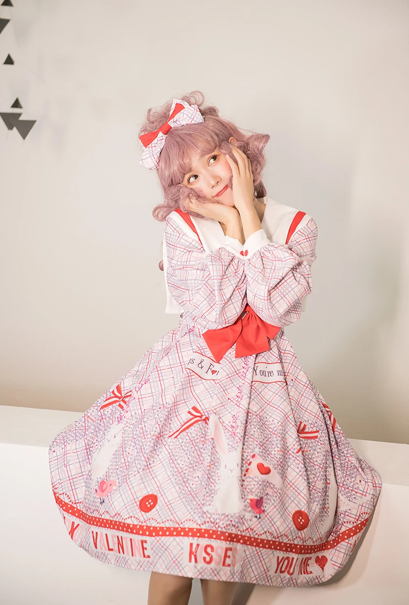 

Japanese kawaii girl sweet lolita dress big turndown collar bowknot cute printing high waist kawaii dress loli gothic lolita op