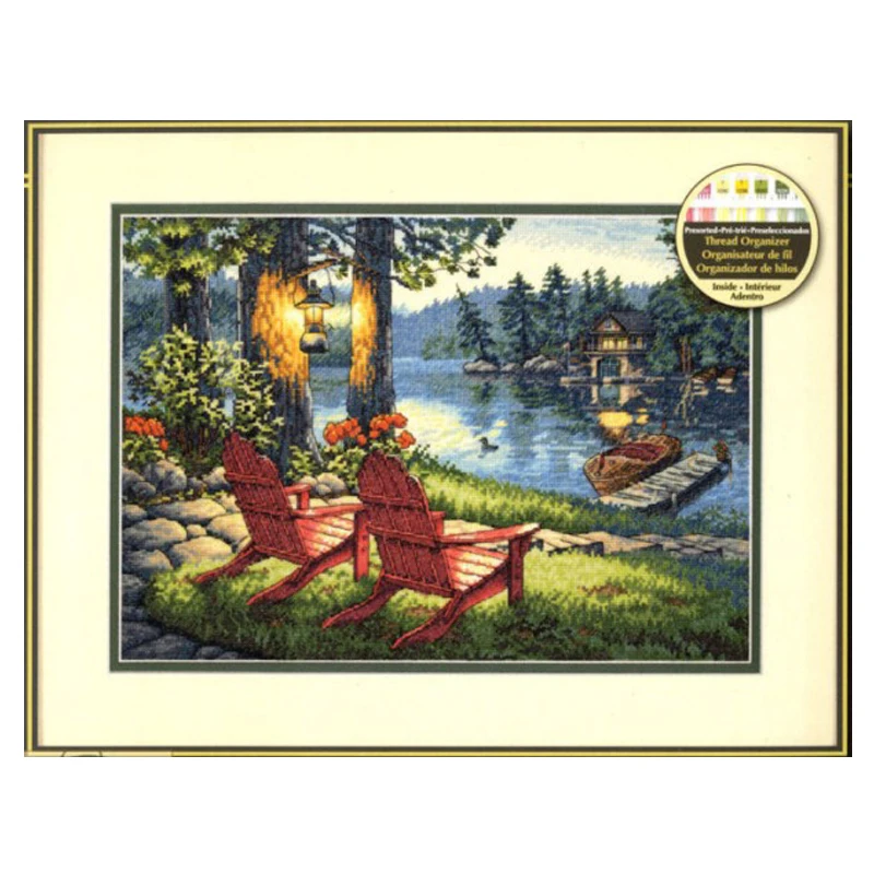 Amishop Top Quality Gold Collection Lovely Counted Cross Stitch Kit Twilight's Calm Moring Lake Chair House Villar Dim 35261