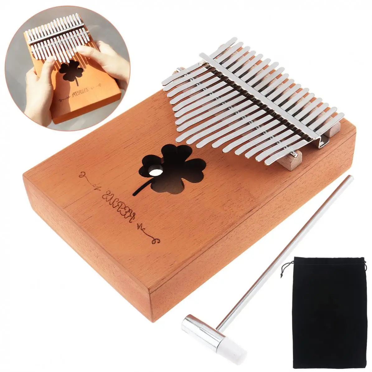 

17 Key Kalimba Mini Single Board Mahogany Lucky Grass Sound Hole Thumb Piano Mbira Keyboard Instrument