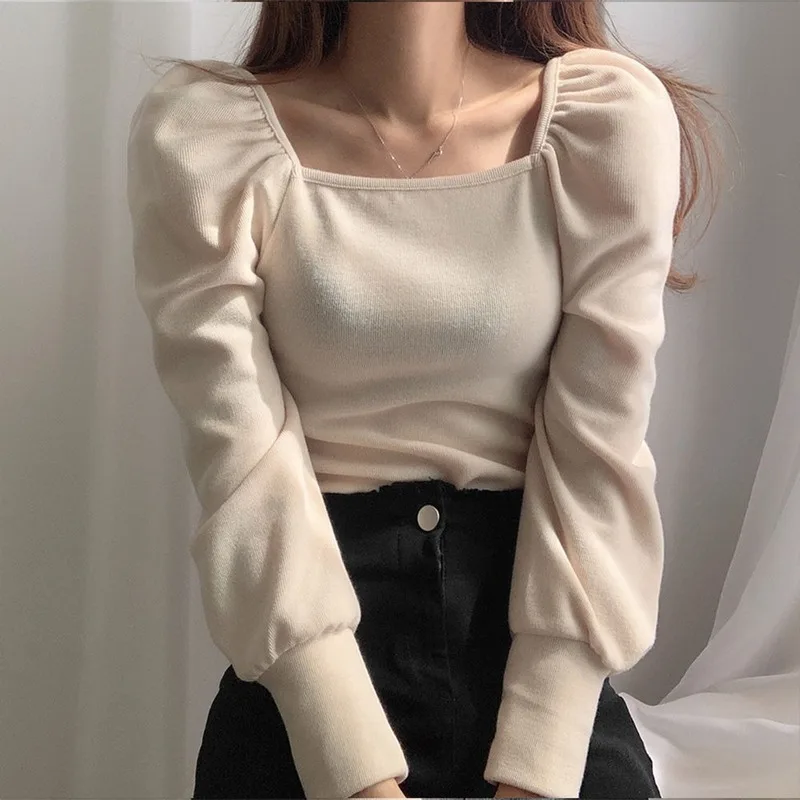 Woherb 2024 Women Fashion Puff Sleeve Basic Knitting Sweater Autumn Solid Casual Slim-fit Knitted Pullover Korean Vintage Jumper