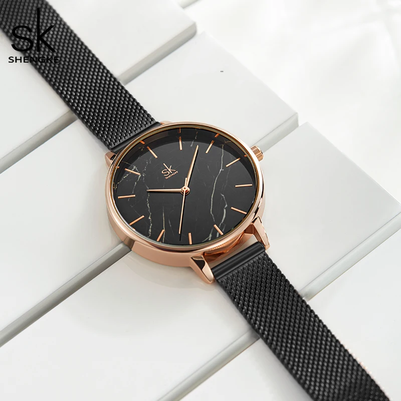 Shengke New Women Watch Black Stainless Steel Band Watch Marble Surface Reloj Mujer Japanese Quartz Brand Watch for Girl