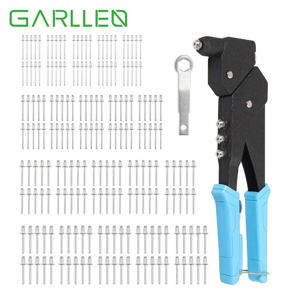 GARLLEN 360 ° Heavy Duty Rivet Gun Hand Riveter Gun ชุด200PCS Rivets สแตนเลสสำหรับโลหะยึด riveting Hand Tool