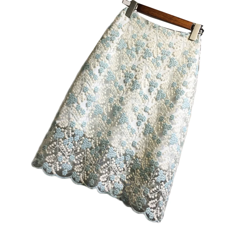 ฤดูร้อนเซ็กซี่กระโปรงเอวสูงตาข่ายลูกไม้ดอกไม้เย็บปักถักร้อยกระโปรงสาว Midi ความยาวกระโปรงสะโพกแพคเกจ Vestidos Y395