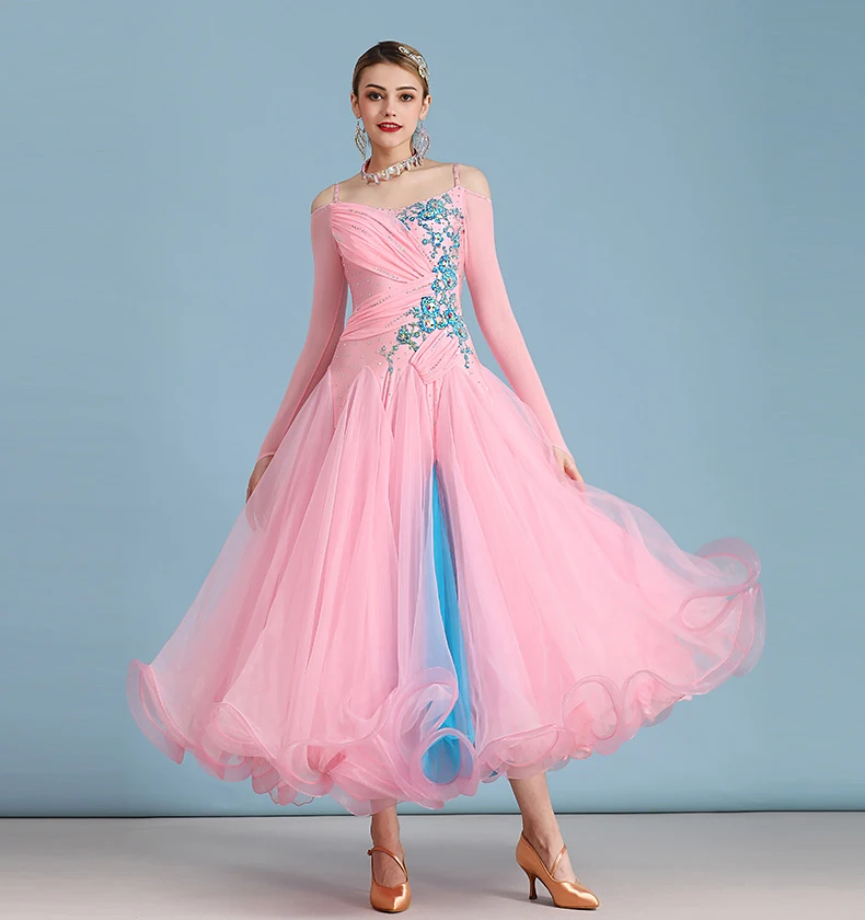 

Pink Standard Ballroom Dance Dresses Adult New Long Sleeve Waltz Dancing Skirt Women Ballroom Competition Dance Dress