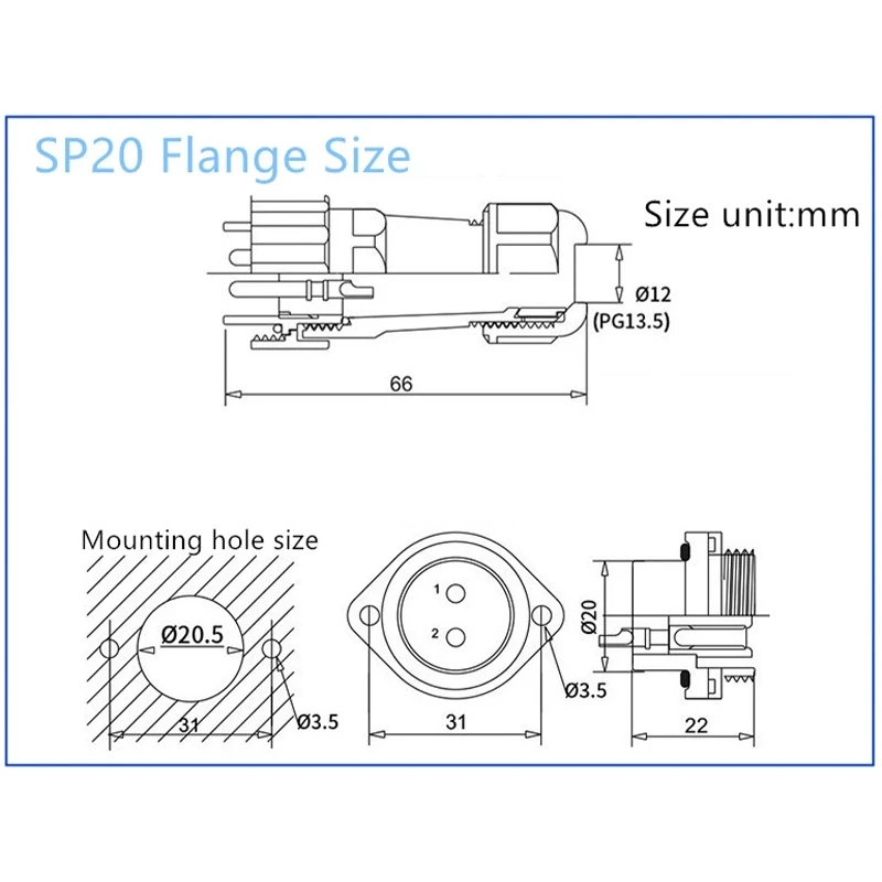 SP20 IP68 Waterproof Connector plug Back nut/Square/Docking/Flange welding type Cable Wire Connector Aviation Connectors