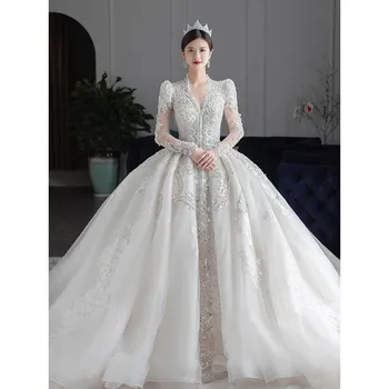 Long Sleeved Winter Wedding Dress 2024 New V Neck Luxury Beading Princes Wedding Gown Vestido De Noiva Customized