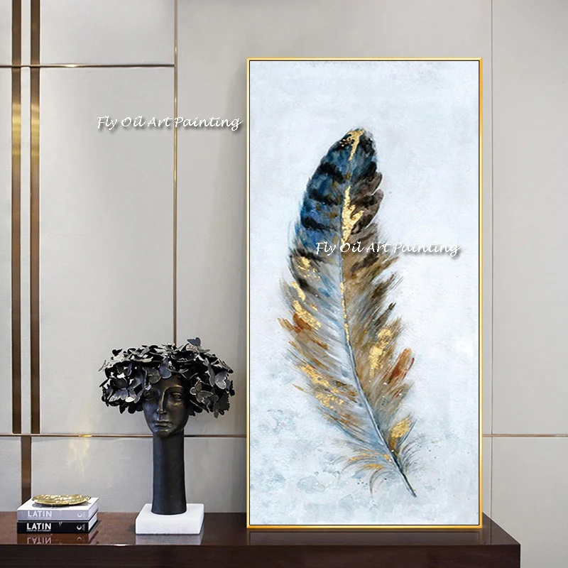

Canvas Painting Luxury Gold Foil Feather Hand Oil Painting Poster Nordic Abstract Wall Art Picture Living Room Modern Home Decor