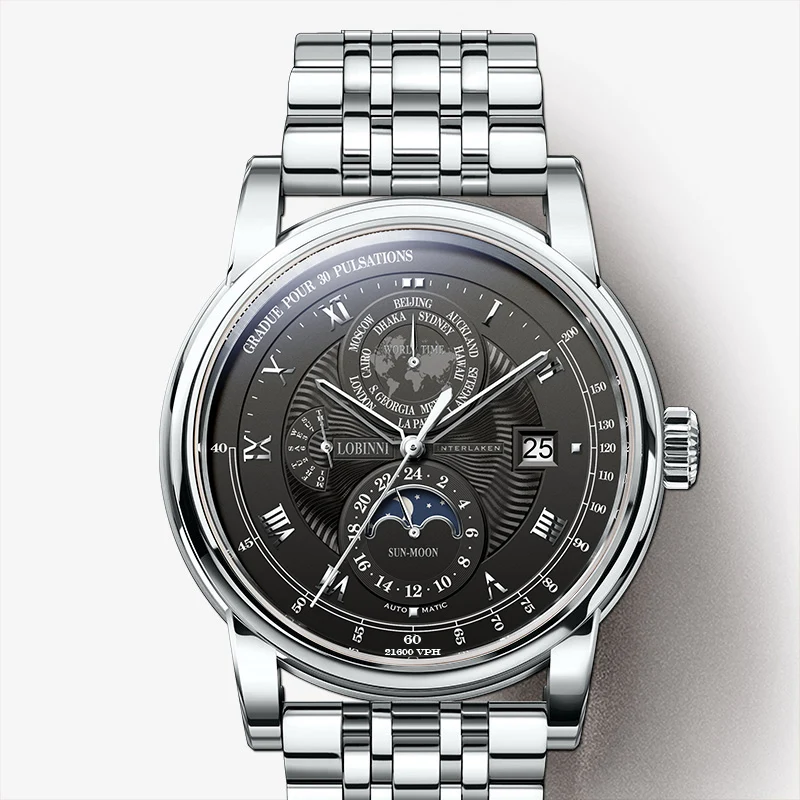 LOBINNI 316L Stainless steel Men Automatic Mechanical Watches Sapphire Glass Waterproof Watch Date Week Moon Phase Watch