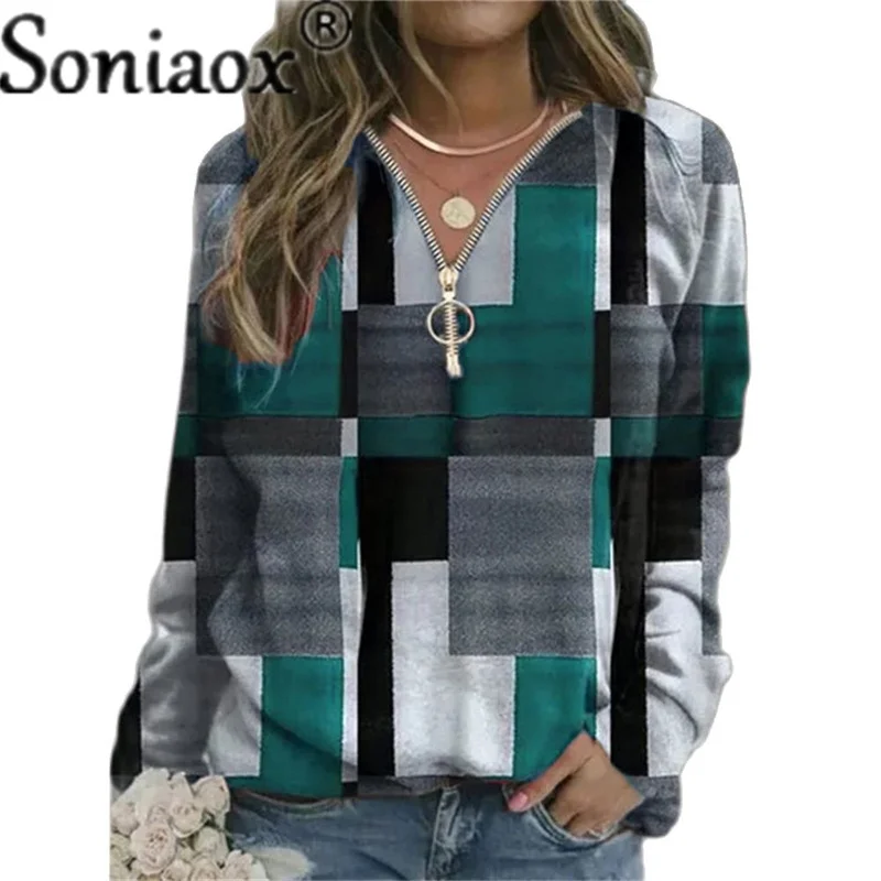 2021 Autumn Women Sweatshirts Loose Casual V Neck Zipper Long Sleeve Plaid Top Pullover Streetwear Ladies Fashion Ladies Hoodies