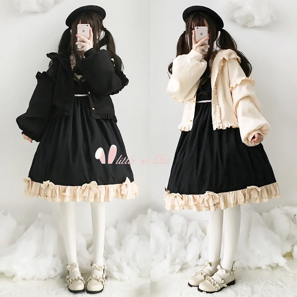 Japanese sweet Lolita coat autumn/winter plus velvet thickening wool Lolita kawaii jacket student long sleeve coat