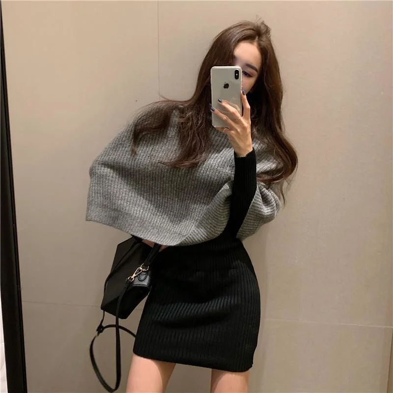 

Korean Fashion Knited Sweater Cape Poncho Two Piece Set Turtleneck Black Dress Suits Women Shawl 2021 Autumn New Lady Cloak Tops