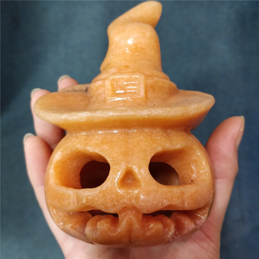 Natural Sunstone Quartz Crystals Carved Pumpkin Lantern Lamp Jack-o-lanterns Halloween Festival Decorations Flash Base Hot Sell