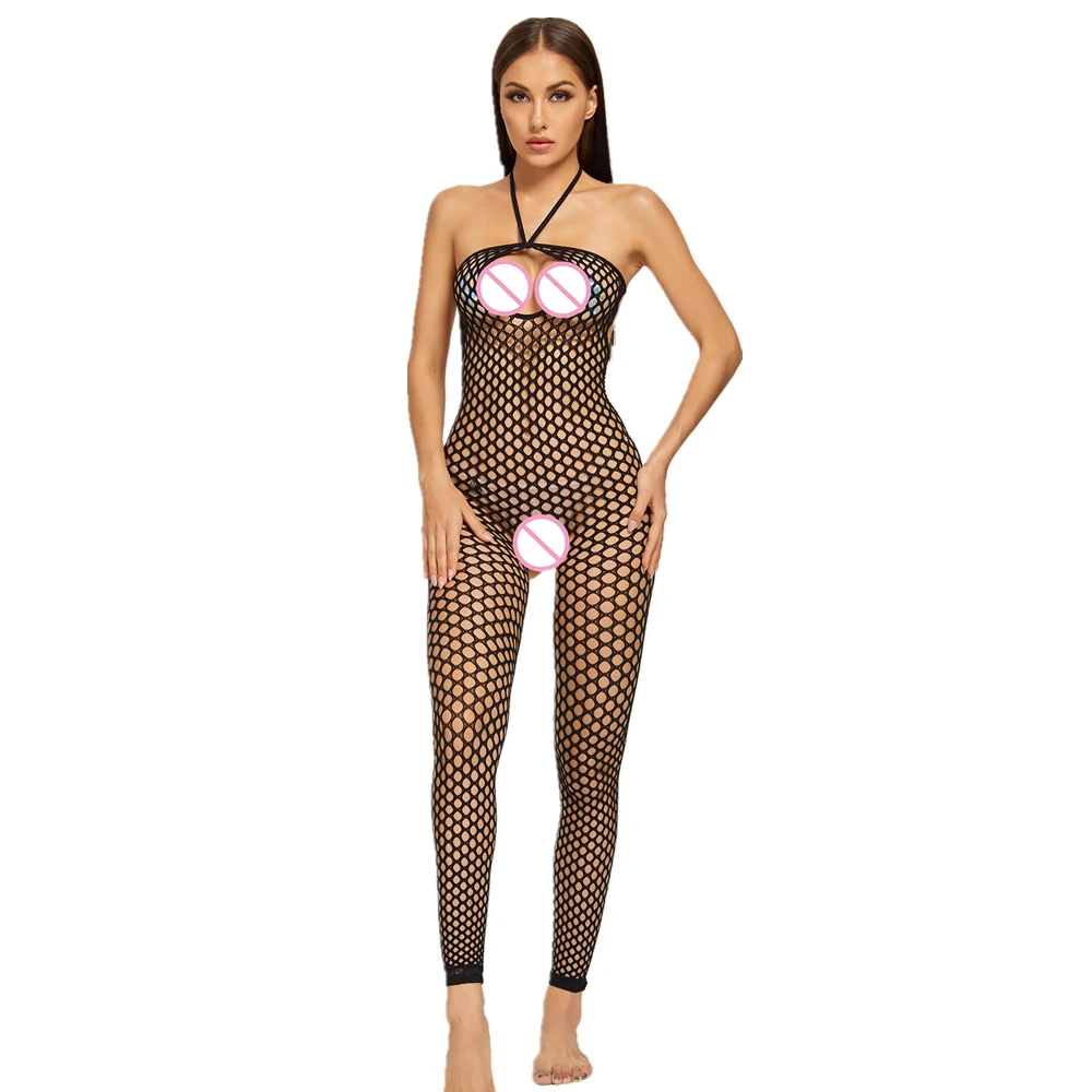 Nova sexy lingerie feminina erótica sexy mulher meias de corpo inteiro perspectiva tentação oco peito aberto malha teddy bodysuits