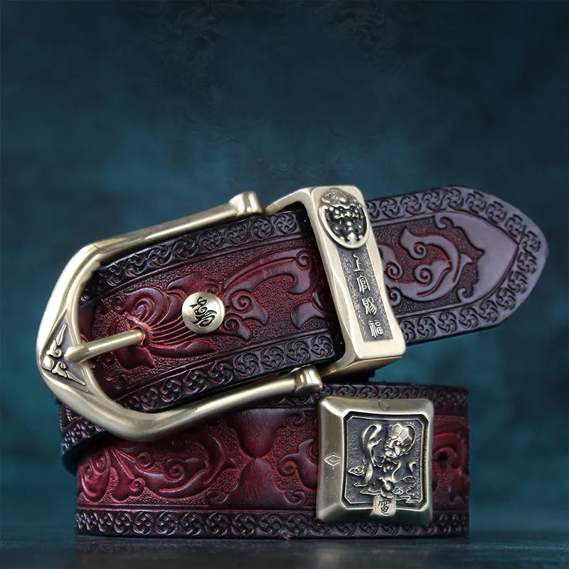 

Handmade Copper Button Genuine Leather Strap Male Belts For Men Women Cowhide Embossed Buckle Belt