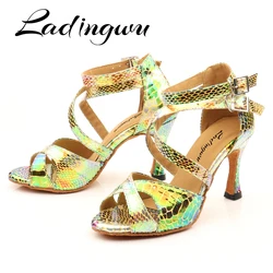 Ladingwu Dance Shoes Latin Women Salsa Shoes Dancing Party Wedding Ballroom Dance Shoes Laser PU  Blue Gold Purple