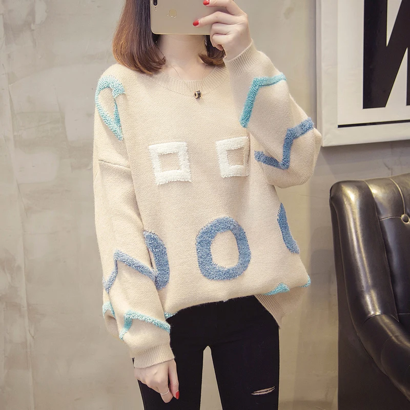 Autumn Winter Embroidery Long Knit Sweater Women Yellow Khaki Blue Korean Loose O-Neck Long Sleeve Pullover Knitted Tops Female