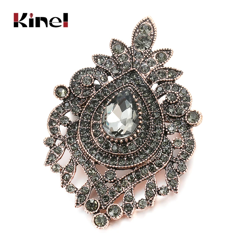 Kinel Vintage Gray Crystal Flower Brooch Ethnic Wedding Jewelry Antique Gold Color Hijab Caftan Pins Bohemia Bridal Brooch Gift
