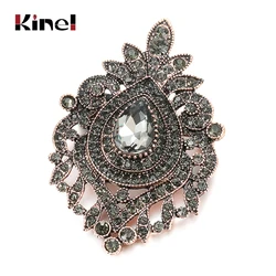 Kinel Vintage Gray Crystal Flower Brooch Ethnic Wedding Jewelry Antique Gold Color Hijab Caftan Pins Bohemia Bridal Brooch Gift