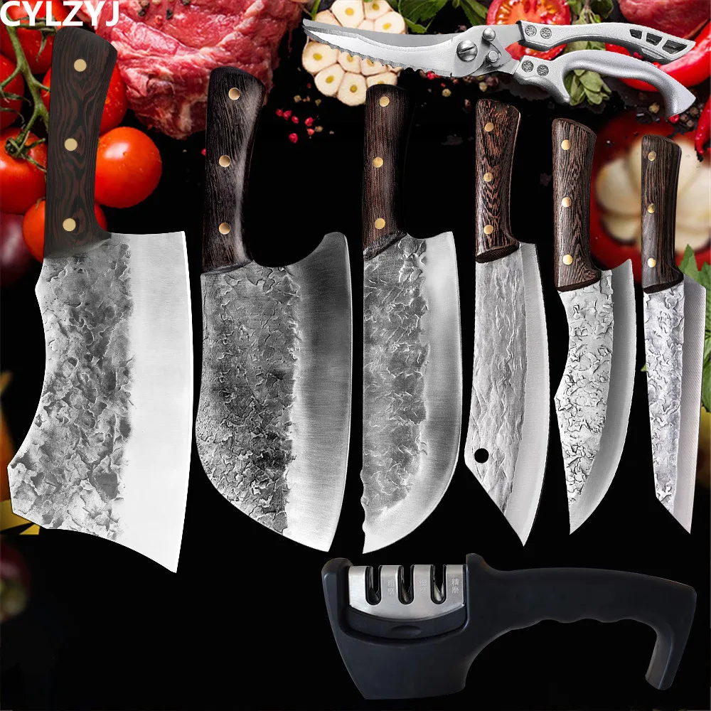 

Forged Boning Butcher Knife Kitchen Stainless Steel Chopping Knife Serbian Chef Slicing Cutter Knife Sharpener Scissors 1-8 Pcs