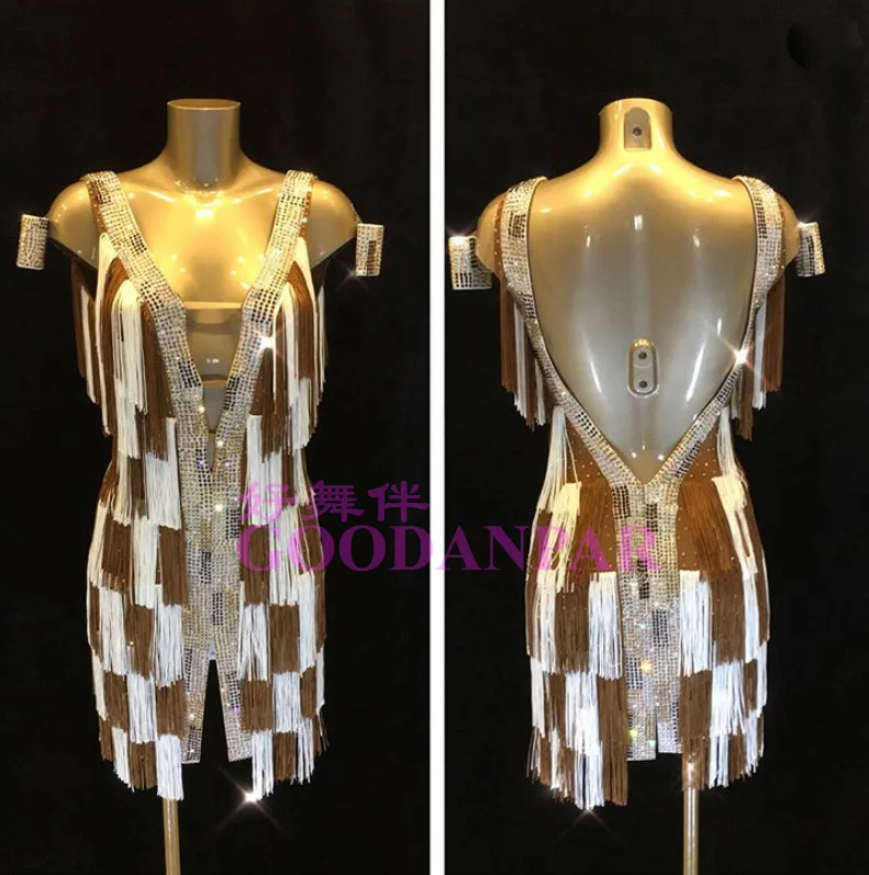 

Латинское платье с бахромой, платье для латинских танцев для соревнований, костюм для латинских танцев, платье румбы с хорошим камнем, коричневый и белый цвет GOODANPAR