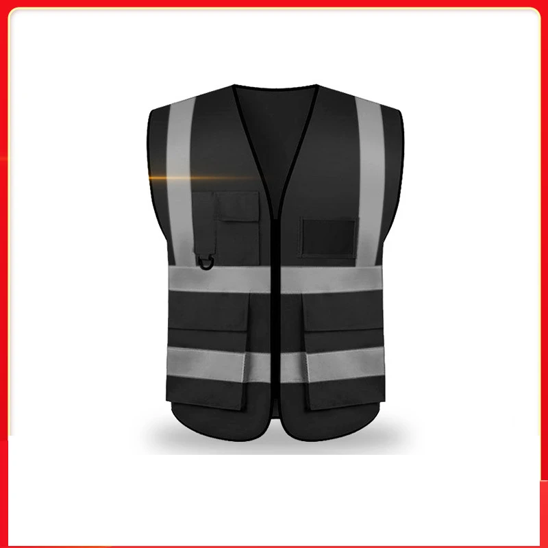 

Black Safety Vest Reflective With Pocket And Zipper Construction Vest With Reflective Stripes High Visibility Work Uniforms