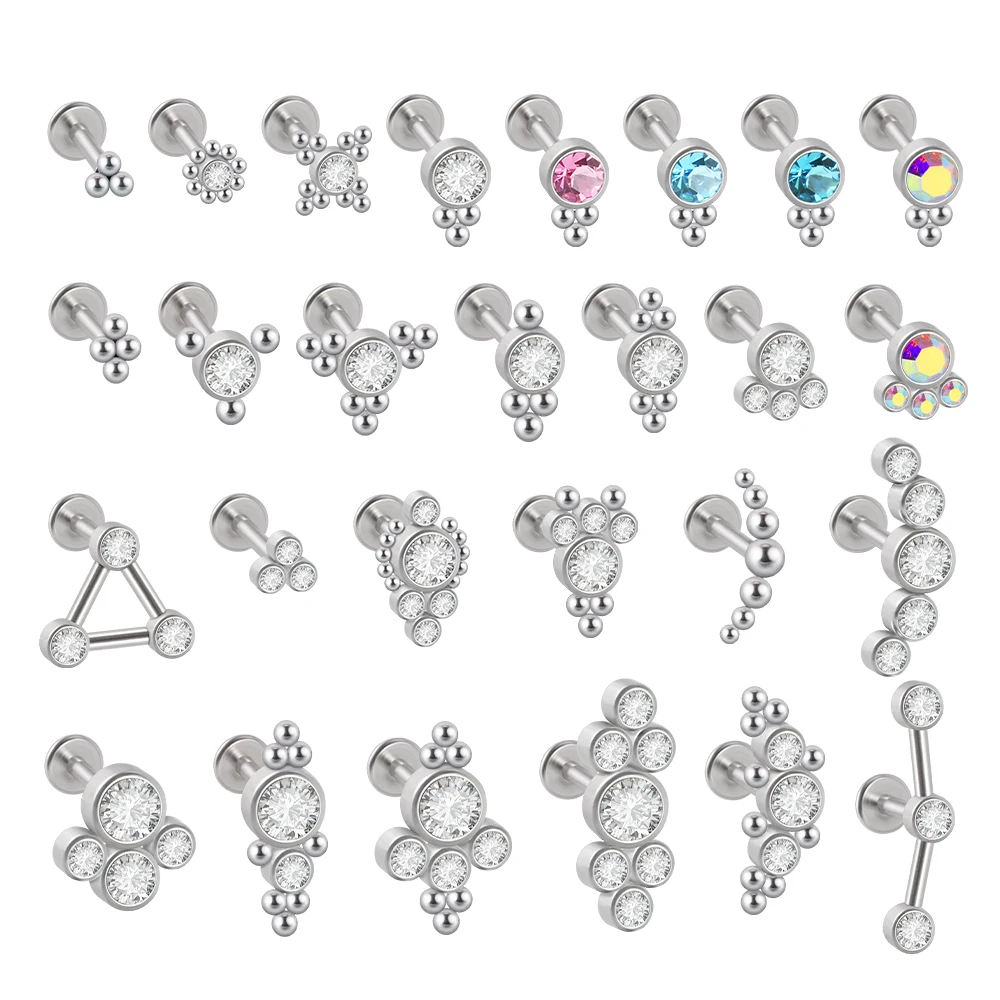 1PC G23 Titanium&Steel 16G CZ Gem Triangle Labret Lip Ring Crystal Cluster Ear Cartilage Tragus Helix Piercing Screw Fit Top 16g