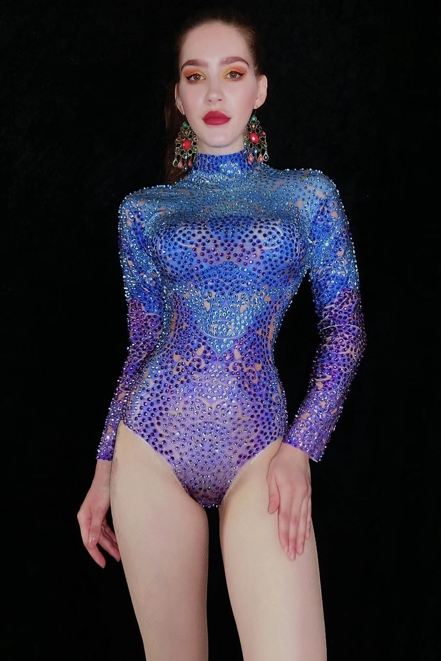 Body con diamantes de imitación brillantes para mujer, mono elástico con cristales, leotardo de bailarina, trajes de escenario para club nocturno