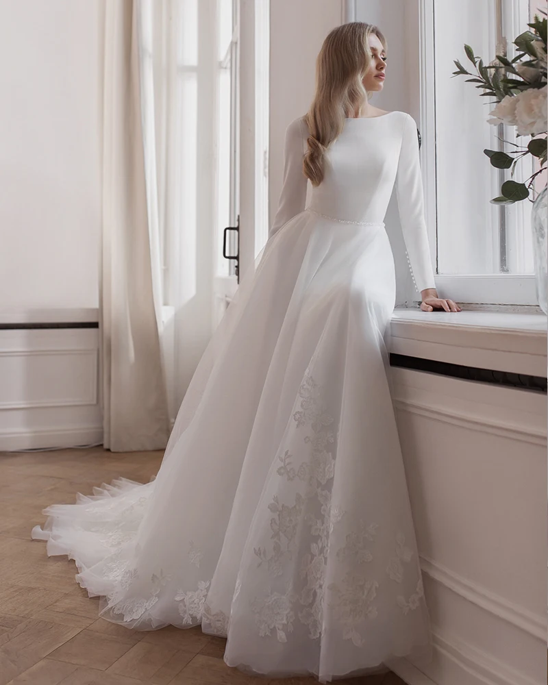 Vestidos De Novia Lange Mouw Trouwjurk Eenvoudige Suknia Slubna Illusion Back Gelinlik Applicaties Tulle Robe De Mariee