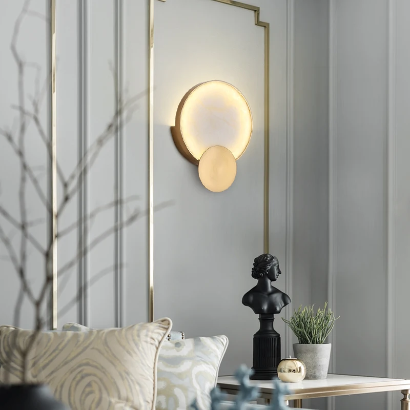 Naturan Marble Loft LED Wall Lamp Warm Light Round Parlor Stair Aisle Wall Sconce Home Bedside Luminaire Golden Metal