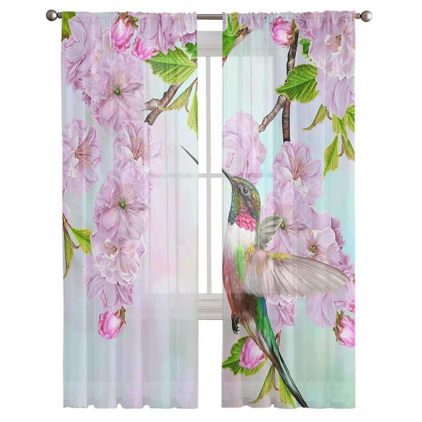 Spring Cherry Blossom Hummingbird Sheer Tulle Window Curtains For Living Room Bedroom Kitchen Veiling Curtain Home Decoration