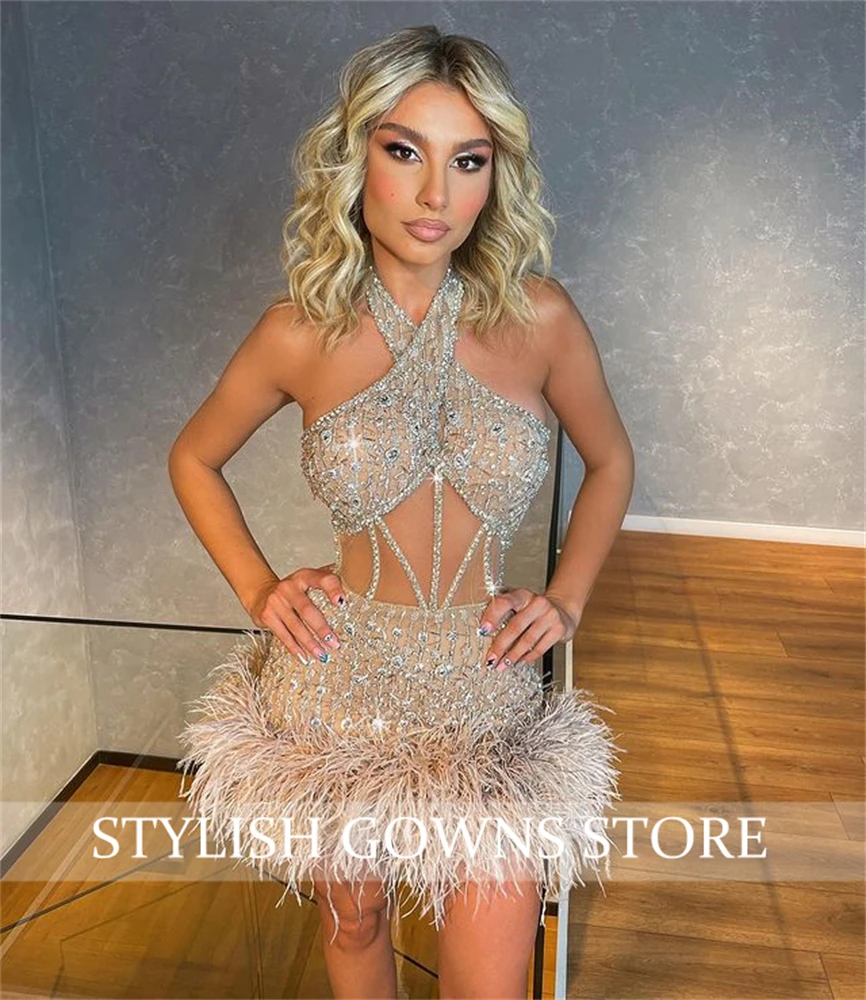 Luxe Halter Korte Prom Jurken Voor Zwarte Meisjes 2023 Kralen Crystal Birthday Party Gown Veren Mini Cocktail Jurk Homecoming