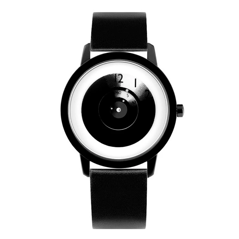 No puntero Plataforma creativa relojes de moda casuales de los hombres de cuero de las mujeres reloj de cuarzo único diseño de esfera unisex negro pulsera