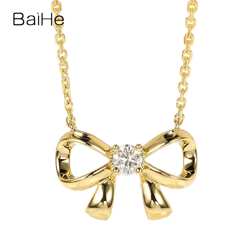 

BAIHE Real Solid 18K Yellow Gold H/SI Natural Diamond Bowknot Necklace Women Clavicle Chain Fine Jewelry Making Collar de lazo