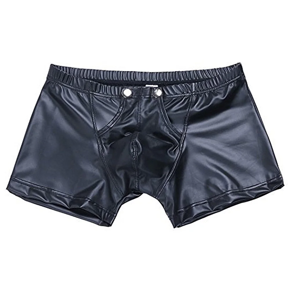 Boxers Men Leather Sexy Gays Underwear Open Front Casual Slip Male Shorts Solid Color Fashion Panties Button Black Underpants