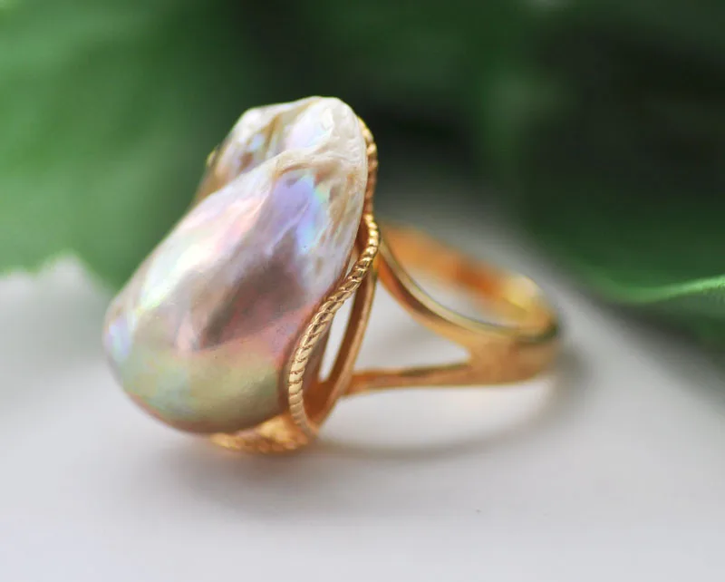 P7443 24mm Peacock-Lavender Baroque Reborn Keshi Pearl Ring view 3