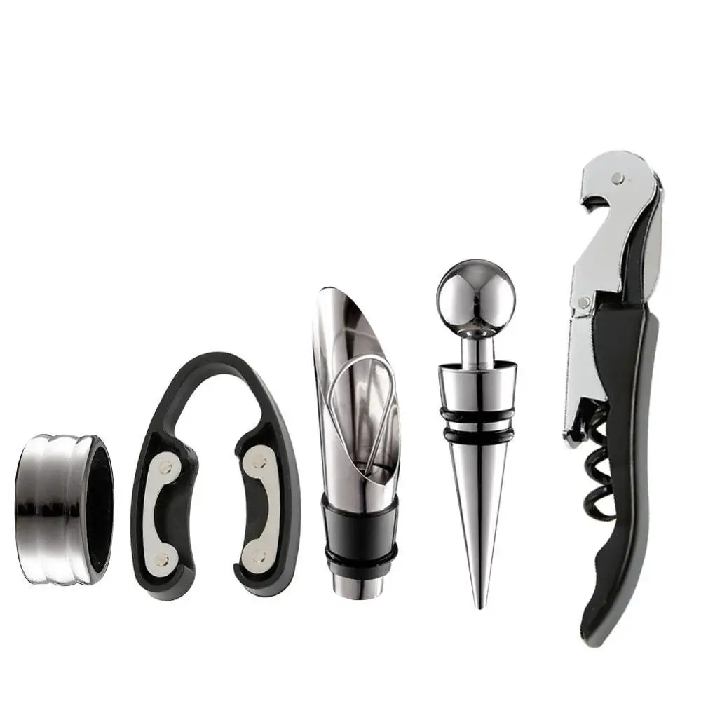 Wine Opener Kit Set including 5 pcs tool Stainless Steel Wine Opener Kit Pourer Wine Ring Wine Decanter Bottle Opener Cutter #EW