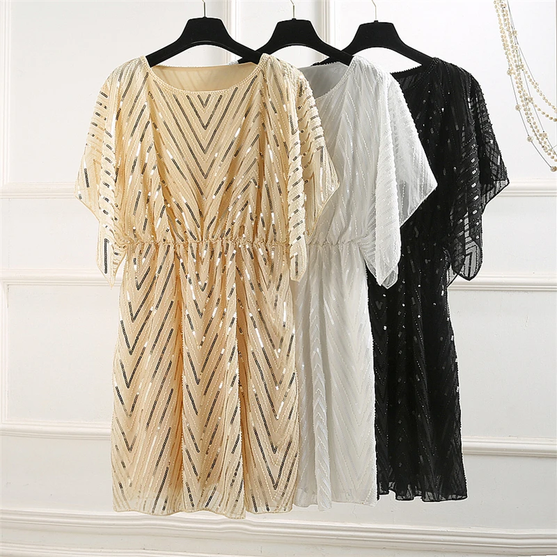 Vintage A-line Geometric Short Sleeve Fashion Elegant Beading White Black Women Cocktail Party Club Sequin Chiffon Dress 2802