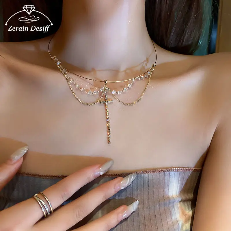 

Crystal Tassel Cross Necklace Light Luxury Simple Clavicle Chain Necklace Jewelry for Women Choker Chain