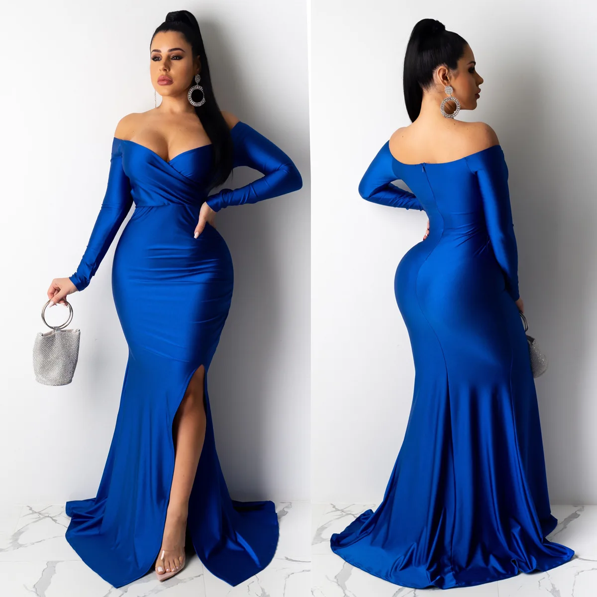 Fall Winter Women Off Shoulder Plunging V-neck High Side Split Mermaid Maxi Red Dress Sexy Night Party Club Long Dresses