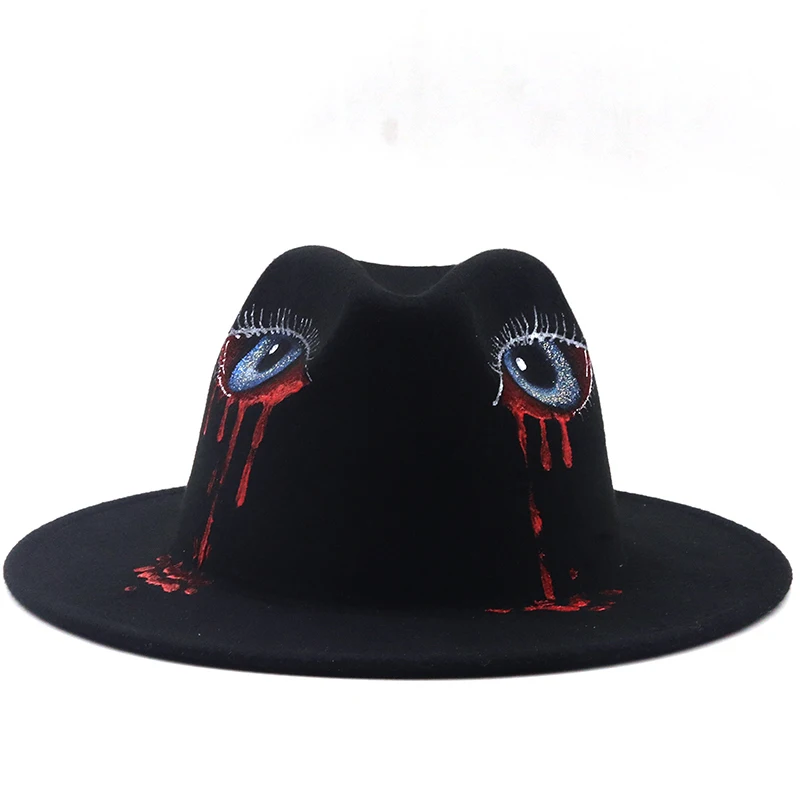 2021 New Handmade Painted eye Wool Felt Black Fedora Hat For Women/Men Wide Brim Autumn Winter Panama Jazz Cap