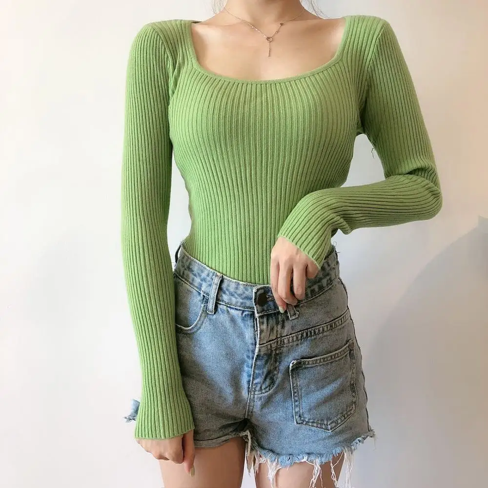 Sweater pullovers women long sleeve basic knit top 2021 casual autumn winter slim female casual basic ribbed sweate