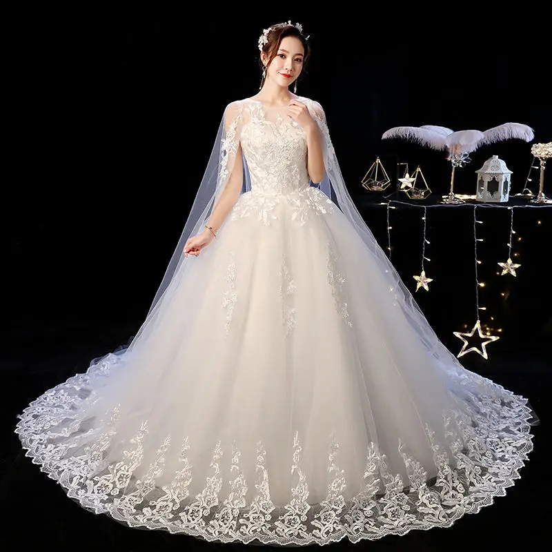 

White Lace Wedding Dresses Elegant O-Neck Embroidery Luxurious Floor-Length Lace Up Ball Gown Formal Bridal Vestidos