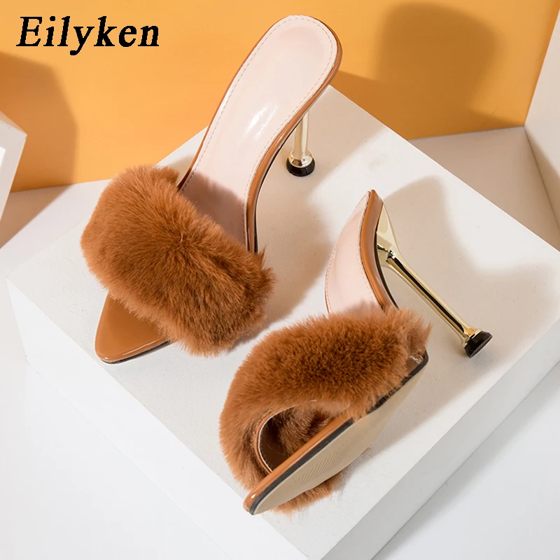 Eilyken Summer Fluffy Fur Pointed Toe Women Slippers Fashion Design Stiletto High Heels Mules Slide Shoes Slides Ladies Sandals