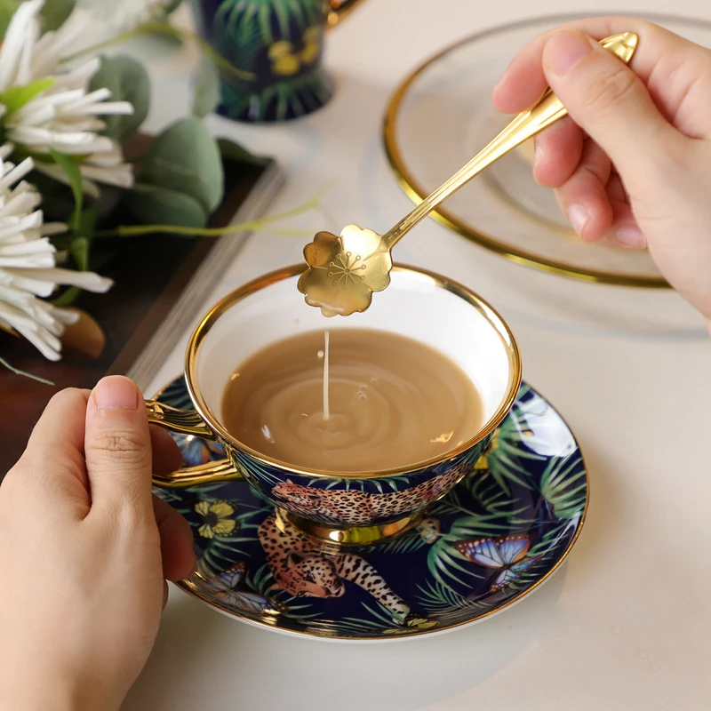 Retro Bone China Coffee Set, Leopard Forest Cheetah Ceramic Mug Cup, Teacup Afternoon Tea Party Drinking, Home Wedding Gift