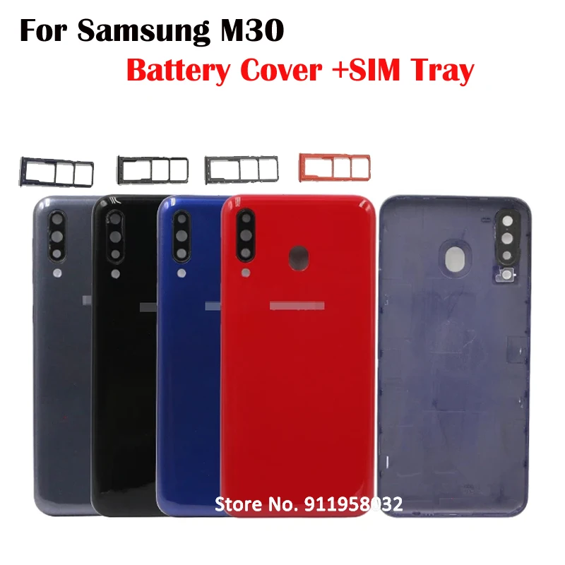 For SAMSUNG Galaxy M10 M20 M30 Back Battery Cover Rear Panel Door Housing Plastic With Camera Lens SIM Card Tray Replacement