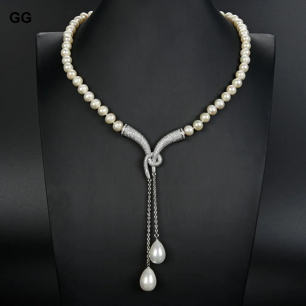 

GG 20" Cultured White Pearl Necklace White Sea Shell Pearl cz pave Pendant