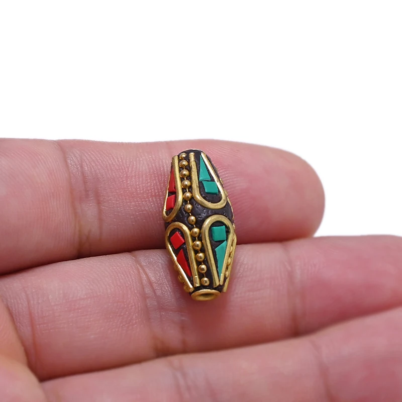 TZ-N13 Handmade Nepal Buddhist Tibetan Brass Craft Beads for Necklace Jewelry Making Clay Inlaid Colorful Cylindrical 10×22mm