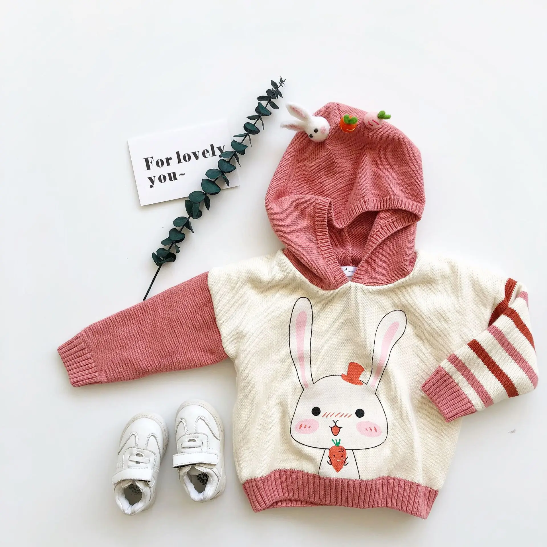 Tonytaobaby Winter New Baby Sweater Girls Plus Velvet Padded Sweater Rabbit Hooded Sweater