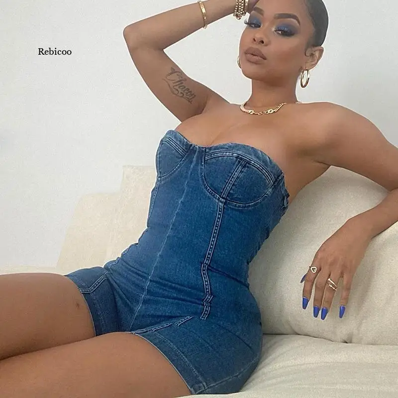 Denim Romper Áo Liền Quần Short Bodycon Miếng Lót Nội Y Dây Đeo Có Thể Tháo Rời Ống Loe Xinh Playsuit Nữ Tiệc Mùa Hè Trang Phục Thường Nhật